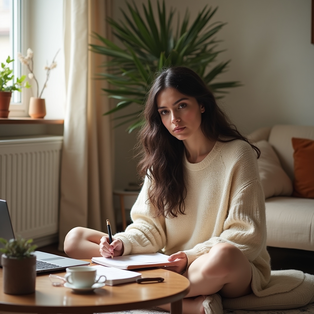Freelancer planujący harmonogram nauki przy biurku z notatnikiem